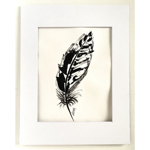 Feather Free Original Painting Ink on Rice Paper Matted 11x14in Frame Ready - Picture 3 of 5